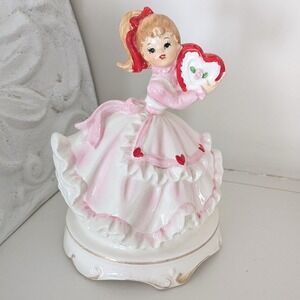 Vintage Lefton Valentine Girl with Heart Music Box Ceramic Figurine 2183 Japan